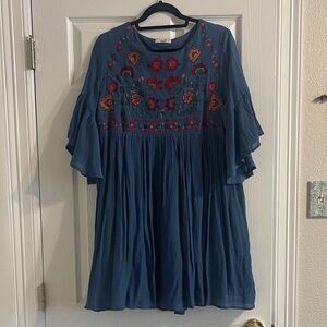 Umgee Blue Dress with Red Embroidery